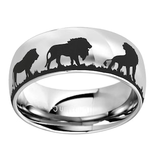 Lion Ring Men, Dome 8mm Silver Tungsten Animal Lions Design Wedding Engagement Ring, Gifts For Dad