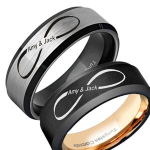 Custom Infinity Name Engraved Rings, 8mm Tungsten Infinity Symbol Beveled Mens Wedding Band, Personalized Gifts