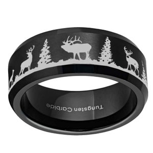 Elk Antler Tungsten Ring, Moose Wedding Ring, Deer Antler Wedding Band, Forest Landscape, Animal Jewelry, Gift For Husband, 8MM