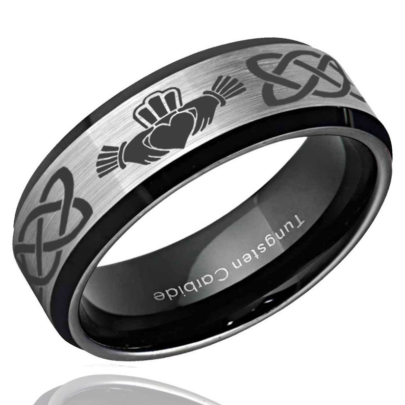 Beveled Edges Celtic Irish Claddagh Tungsten Wedding Band Men Mens Engagement Ring Engraved Ring Brush Silver Black Tungsten Ring Men