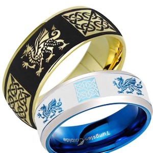 8mm Tungsten Celtic Dragon Ring, Dome Gold Tungsten Celtic Knot Engagement Ring, Personalized Gifts