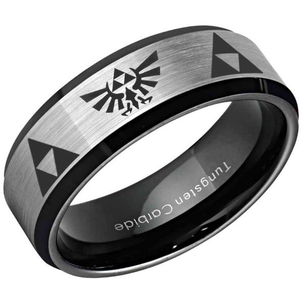 6, 8mm Tungsten Legend Of Zelda Ring, Beveled Silver Black Tungsten Man Wedding Band, Custom Zelda Triforce Ring