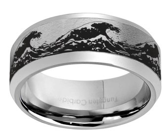 6, 8mm Tungsten Ocean Wave Ring, Beveled Matte Gray Tungsten Beach Wave Mens Wedding Band, Promise Ring For Him