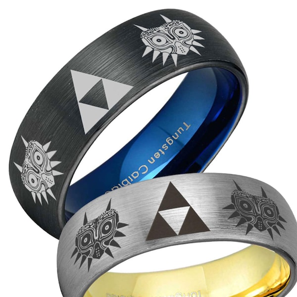 Zelda Tungsten Ring, Majora's Mask, Triforce Wedding Band, 8mm