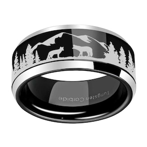 Two Fox Men Rings, Bevel 8mm Black Tungsten Forest Mountains Wedding Band Mens, Outdoor Ring Men, Personalized Gifts