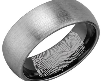 6, 8mm Actual Inner Fingerprint Rings, Dome Black Tungsten Custom Thumb Ring, Memorial Wedding Band, Finger Print Band
