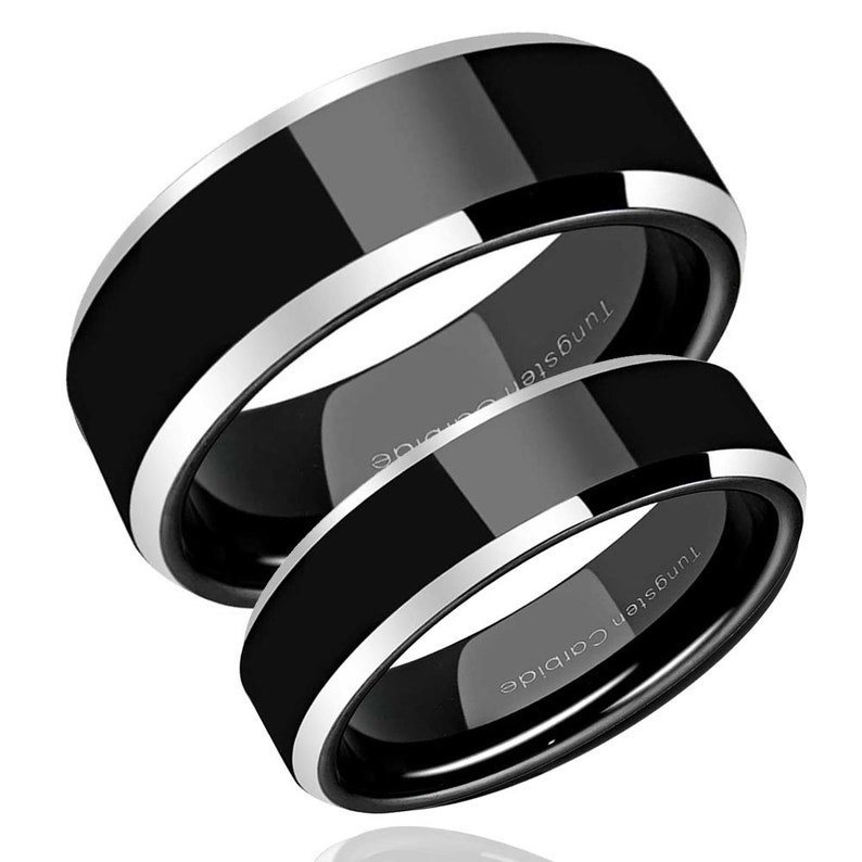 His Hers Tungsten Wedding Band Set 2 Tone Black Tungsten