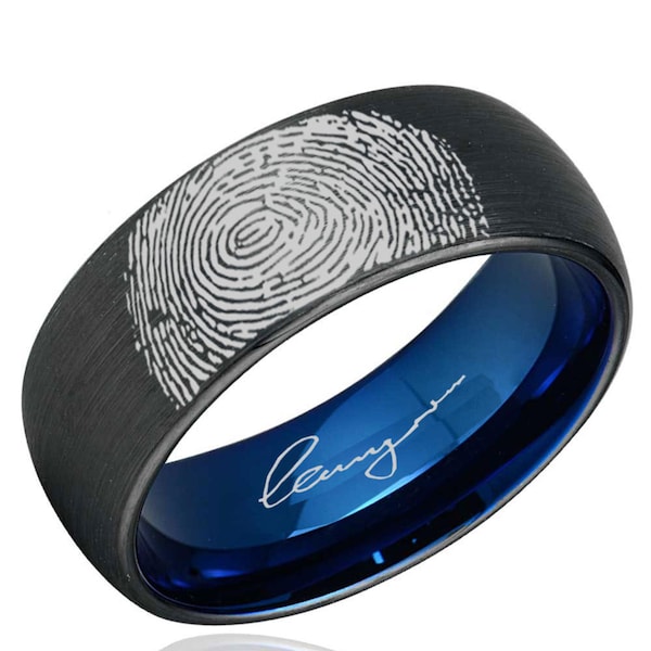 Black And Blue Tungsten Fingerprint Ring, Custom Thumbprint Mens Wedding Band, Classic Dome 8MM