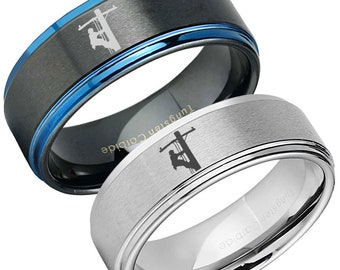 Lineman Tungsten Ring, Blue Step Edges Black Tungsten Linemen Design Wedding Band, Personalized Ring