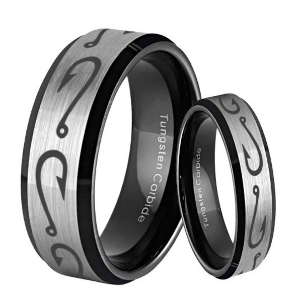 His And Hers Fish Hooks Ring Sets, Beveled Black Gray Tungsten Fishing Wedding Band, Hunting Jewelry, 6mm 8mm