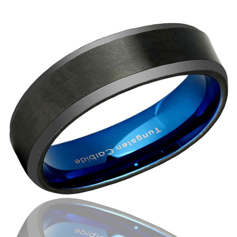 Beveled Edges Tungsten Ring His Hers Black Tungsten Wedding Band Set Promise Rings For Couples 5mm 8mm Blue Tungsten Wedding Ring Sets