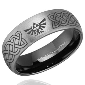 8mm Celtic Zelda Tungsten Ring, Dome Black Gold Tungsten Triforce Zelda Wedding Band, Celtic Knot Zelda Ring image 6