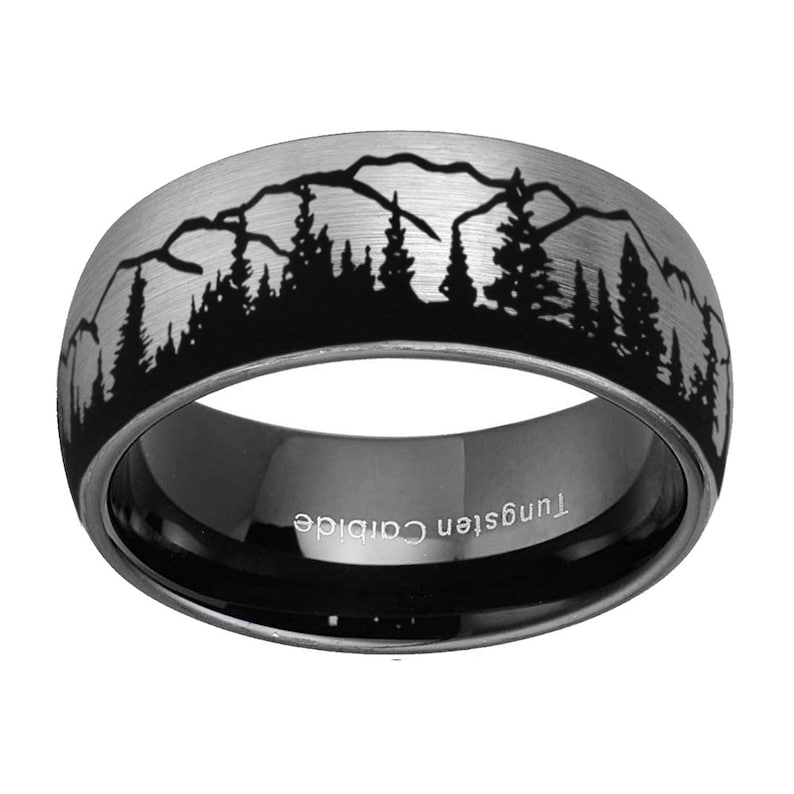 8mm Pine Tree Forest Ring, Dome Blue Gray Tungsten Mountain Landscape Nature Wedding Band, Promise Ring For Men image 7