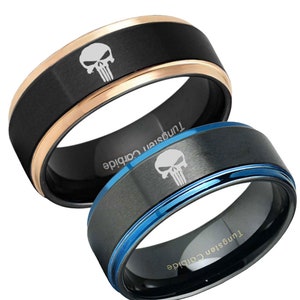 Tungsten Skull Punisher Ring, Blue Step Edges Black Tungsten Biker Engagement Ring, Customized Ring,  Gifts For Husband