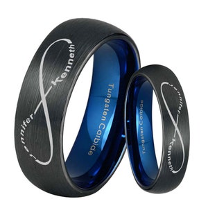Infinity Symbol 2 Name Tungsten Couples Ring Set, His And Hers Dome Blue Black Tungsten Infinity Wedding Bands, 6mm 8mm