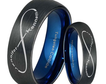 Infinity Symbol 2 Name Tungsten Couples Ring Set, His And Hers Dome Blue Black Tungsten Infinity Wedding Bands, 6mm 8mm