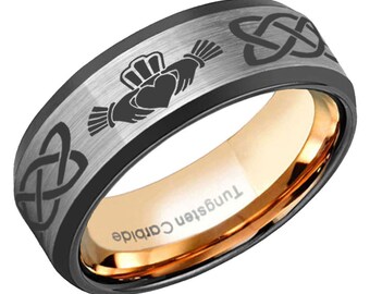 6, 8mm Tungsten Claddagh Irish Ring, Beveled Black And Rose Gold Tungsten Celtic Claddagh Ring