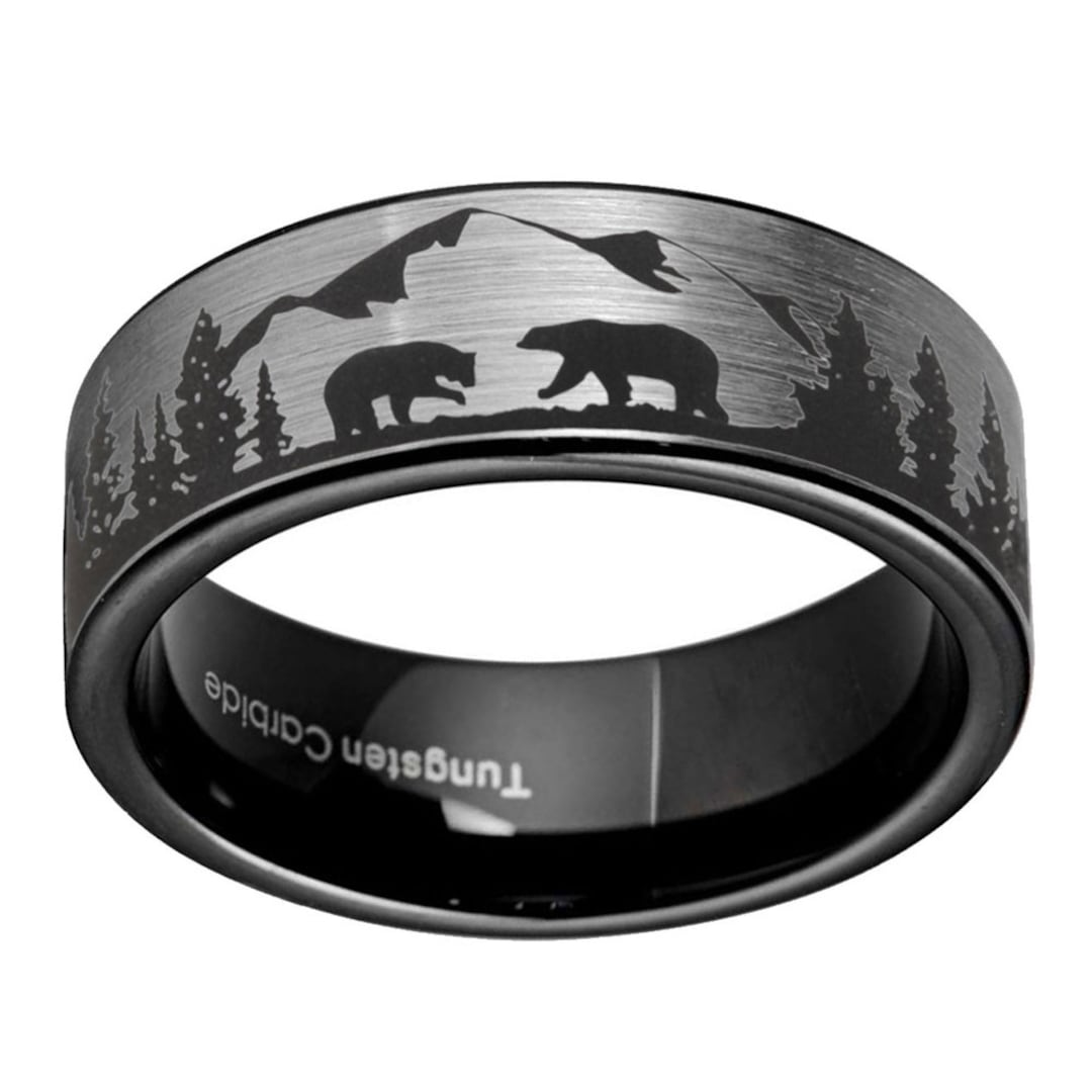 Tree Rings Bear Two Bear Forest Ring, Black Tungsten Mountain Fir Trees Ring 8MM Pipe ...