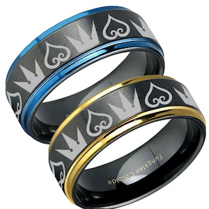 Tungsten Kingdom Hearts Crown Ring, 8mm Blue Step Edges Black Tungsten Hearts Ring, Laser Engraving, Gift For Boyfriend