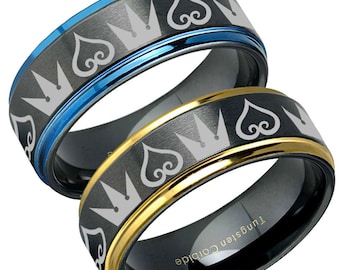 Kingdom Hearts Crown Tungsten Ring, Blue Step Edges, Engraved