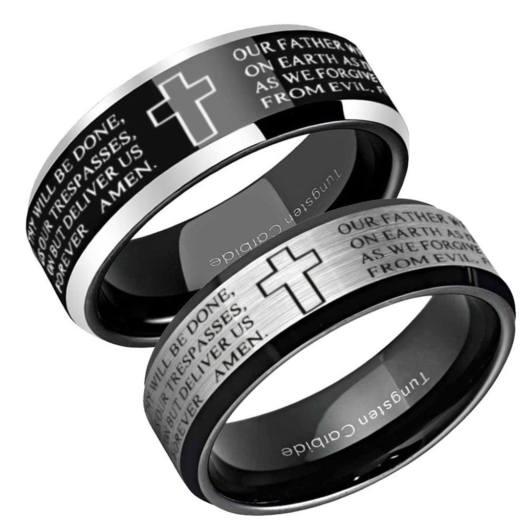 8mm Lord's Prayer Cross Ring, Beveled Black Tungsten Mens Cross Ring