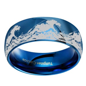 Blue Tungsten Ring, Ocean Wave Engraved Wedding Band