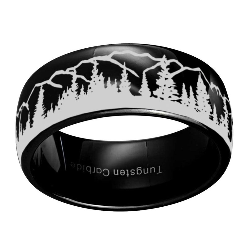 8mm Pine Tree Forest Ring, Dome Blue Gray Tungsten Mountain Landscape Nature Wedding Band, Promise Ring For Men image 3