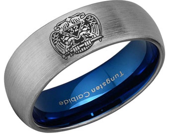 Masonic 32nd Degree Wedding Tungsten Ring, 8mm Black And Blue Tungsten Freeman Masonic Band, Promise Ring For Him