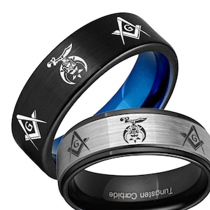 Masonic Shriners Ring, Black Tungsten Freemason Masonic Ring, 8mm Tungsten Mens Engagement Band