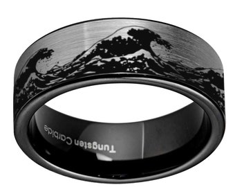 Ocean Wave Black Tungsten Ring, Engraved Sea Wave Band