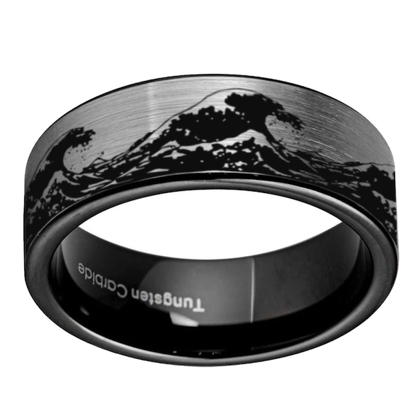 Tungsten Ocean Waves Ring, 8mm Flat Pipe Cut Black Tungsten Ocean Inspired Man Wedding Band, Gifts For Boyfriend