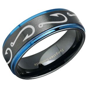 8mm Fishing Hooks Tungsten Ring, Blue Step Edges Black Tungsten Carbide Fishing Wedding Band, Gift For Boyfriend