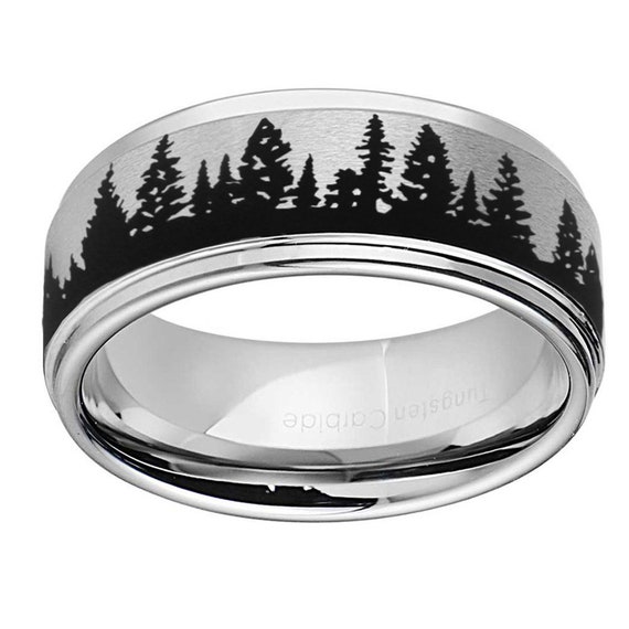 8mm Pine Tree Forest Tungsten Ring Step Edges Black Tungsten | Etsy