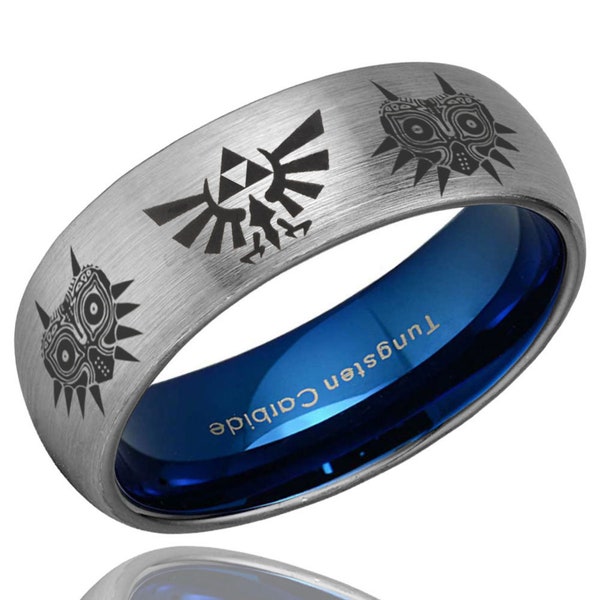 8mm Legend Of Zelda Majora's Mask Ring, Dome Black Tungsten Triforce Zelda Mens Wedding Band, Custom Engraved Ring