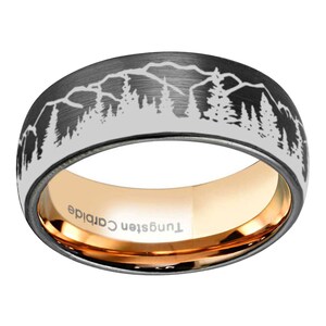 8mm Pine Tree Forest Ring, Dome Blue Gray Tungsten Mountain Landscape Nature Wedding Band, Promise Ring For Men image 8