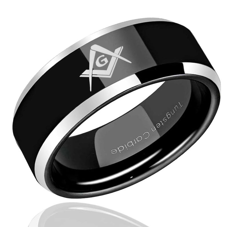 Promise Rings For Him Personalized Ring Beveled Edges 2 Tone Black Tungsten Ring Men Masonic Tungsten Wedding Band Men Mens Wedding Band