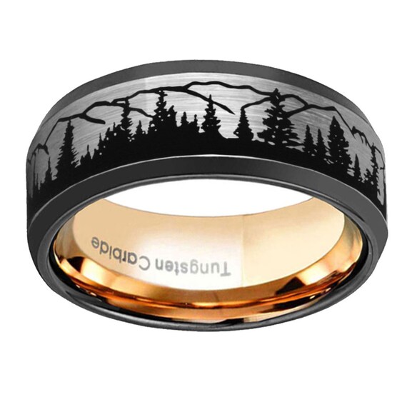 Hand-Drawn Forest Trees Landscape Engraved Gold Tungsten Carbide Wedding Ring Band 6mm