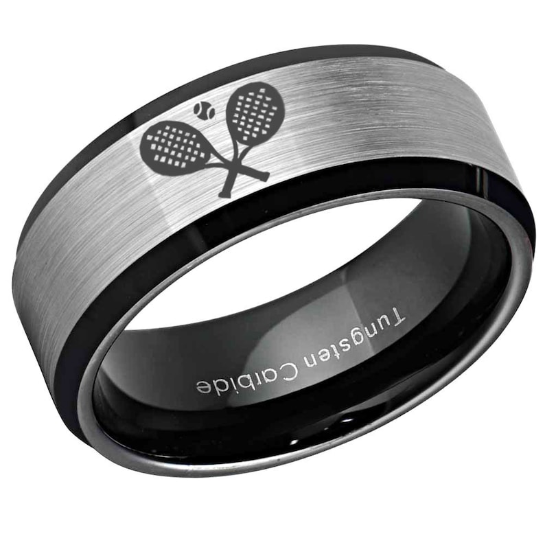 Promise Ring for him 8MM Tennis Engraved Tungsten Ring Free Engraving Beveled Silver Brush Center Black Inside Tungsten Wedding Band