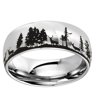 Deer Scene 8mm Tungsten Silver Wedding Band, Forest Band, Deer Antler Ring, Forest Landcape, Silver ELK Ring Men, Gift For Husband, Dome