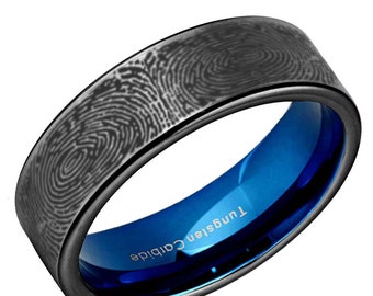 Custom Fingerprint Tungsten Wedding Band, 8mm Flat Top Pipe Cut