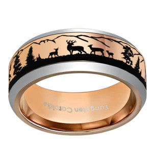 10mm Tungsten Deer Family Hunting Scene Ring, Beveled Black Tungsten ...