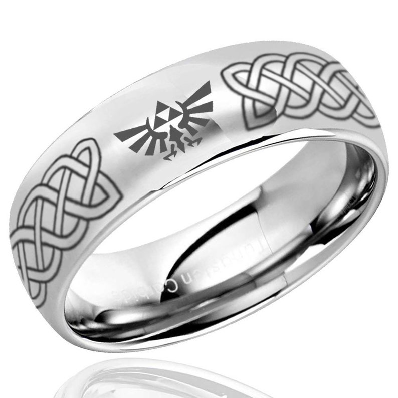 8mm Celtic Zelda Tungsten Ring, Dome Black Gold Tungsten Triforce Zelda Wedding Band, Celtic Knot Zelda Ring image 3