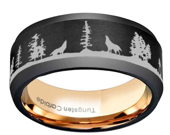 8mm Black Tungsten Wolf Ring, Forest Scene Wedding Band
