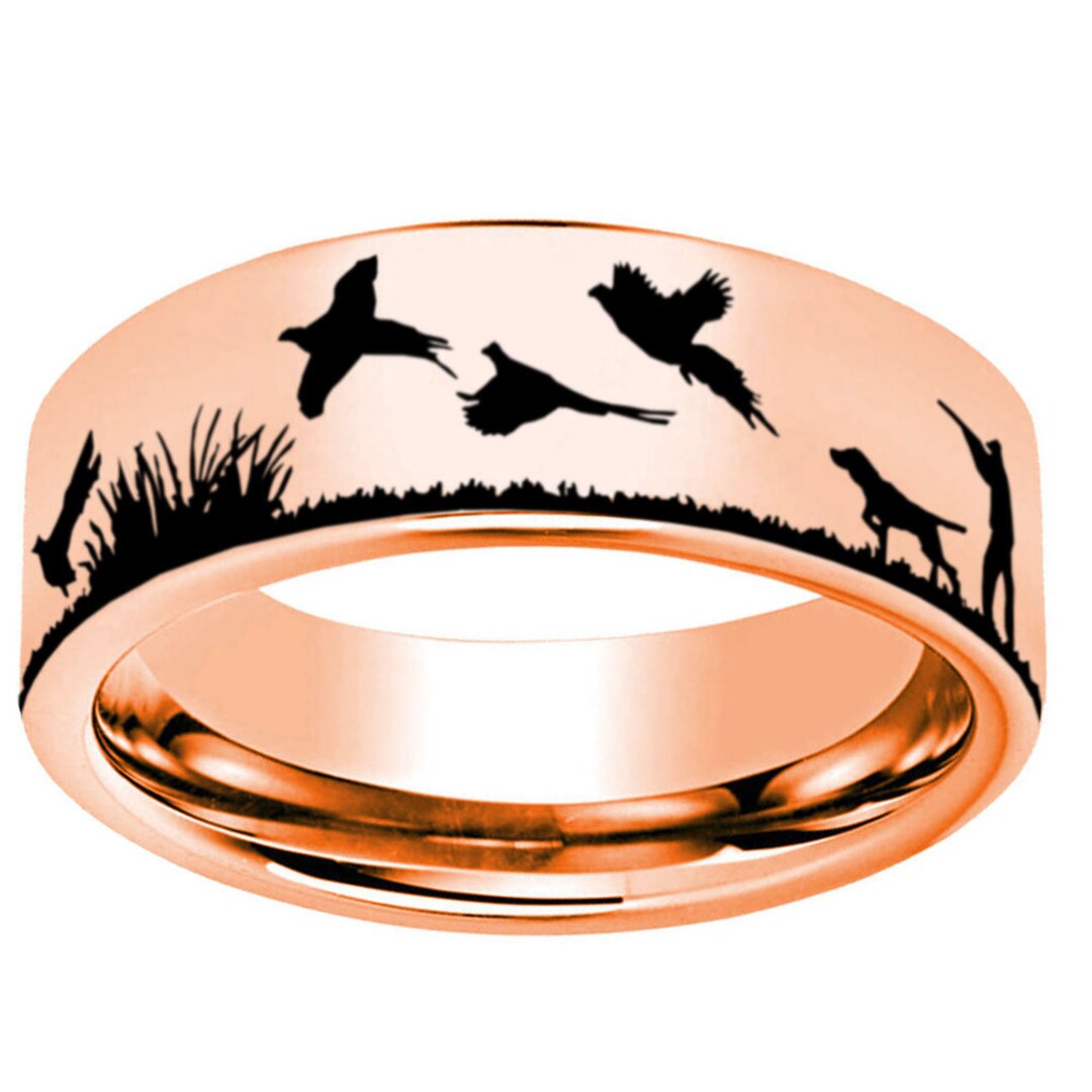 Pheasant Hunting Ring, 8mm Pipe Cut Flat Tungsten Silhouette Pheasant