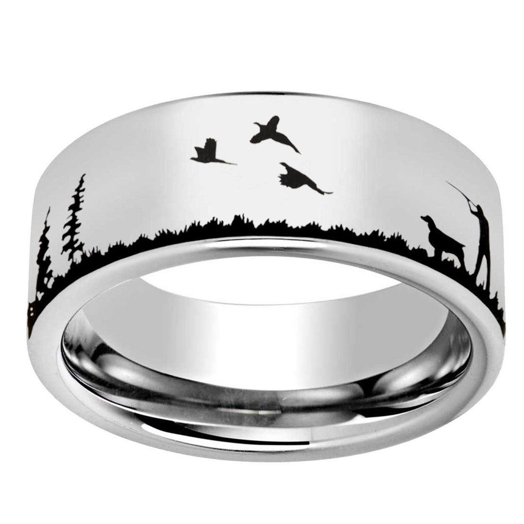 Silhouette Pheasant Hunting Ring, 8mm Flat Pipe Cut Gold Tungsten