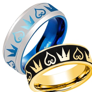8mm Blue Tungsten Kingdom Hearts Crown Ring, Beveled Tungsten Kingdom Heart Man Wedding Band, Gifts For Dad