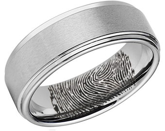 6, 8mm Actual Inner Tungsten Fingerprint Rings, Step Edges Tungsten Fingerprint Wedding Band, Memorial Gift For Him