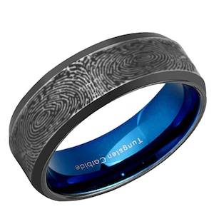 Custom Fingerprint Ring, Black Tungsten, Gentleman Bands, Fingerprint Wedding Bands, Minimalist Ring, Gifts For Husband Beveled 8mm