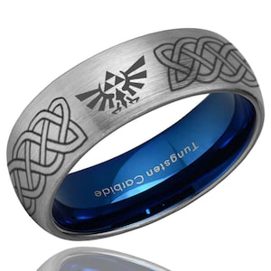 8mm Celtic Zelda Tungsten Ring, Dome Black Gold Tungsten Triforce Zelda Wedding Band, Celtic Knot Zelda Ring image 1