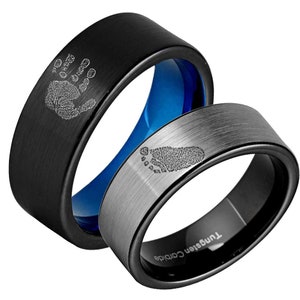 Black Tungsten Handprint Rings, Footprint Rings, Remembrance Jewelry, Unique Wedding Ring, Personalized Gifts, Pipe Cut 8MM